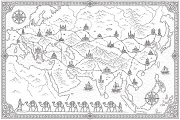 Obraz premium Silk Road route map, ancient Silk Road map, Silk Road map, historical trade route, ancient trade route, Silk Road routes, Eurasian trade network, historic navigation map, antique world map, vintage ca