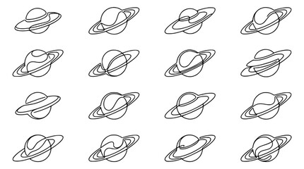 Collection of Stylized Saturn Planets with Rings, Outline Drawing on White Background © Qita