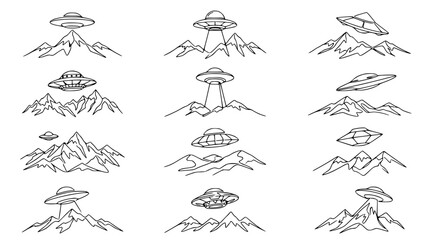 Hand-drawn UFOs hovering over mountain ranges, alien invasion concept, simple line art © Qita