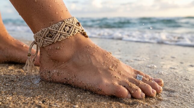 Close Up of Bare Feet on Sandy Beach with Macrame Anklet and Toe Ring, Seaside Vacation, Summer Fashion and Relaxation Concept