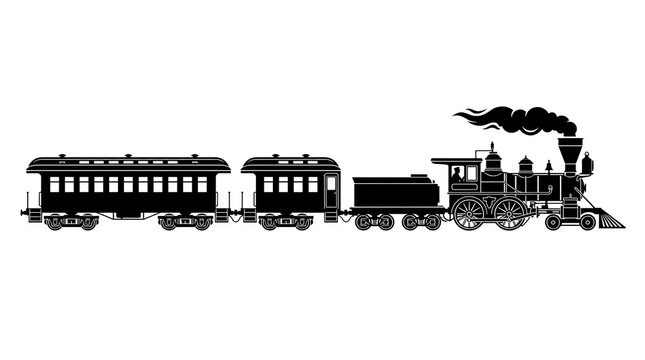 Black silhouette of a vintage steam locomotive train with passenger cars isolated on white. Detailed side view of an antique railway transport with smoke.