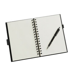 Naklejka premium Open spiral notebook with a black pen on a clean page isolated on transparent background
