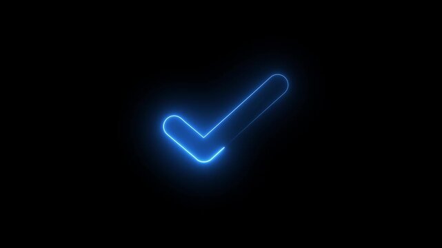 Glowing neon light tick mark icon animation True sign in neon style. check mark button. neon success, approved, 4k quality neon tick mark animation video