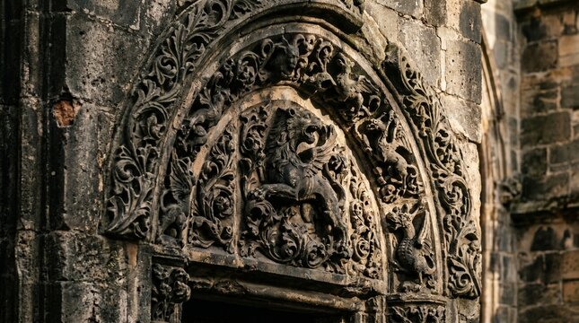 Intricate Gothic Stone Carving on Cathedral Archway.