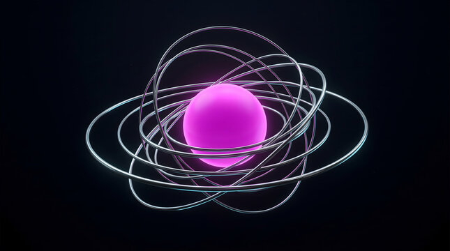 Glowing pink sphere at the center of intersecting metallic rings, abstract 3 d render of an atomic structure on a dark background