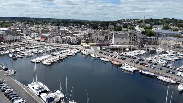 Port de Paimpol Brittany France Marina and Harbour low Panning drone aerial