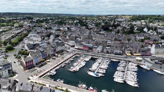 Port de Paimpol Brittany France Historic Harbour ascending drone aerial view