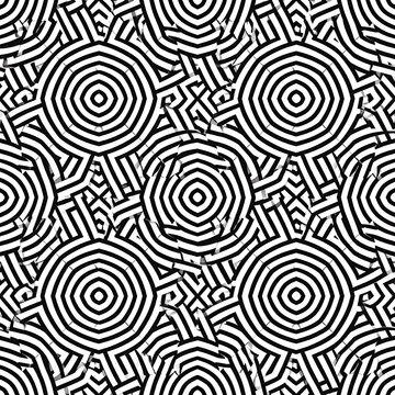 Abstract geometric pattern with concentric circles and maze-like shapes, black and white optical illusion texture, repeating motif