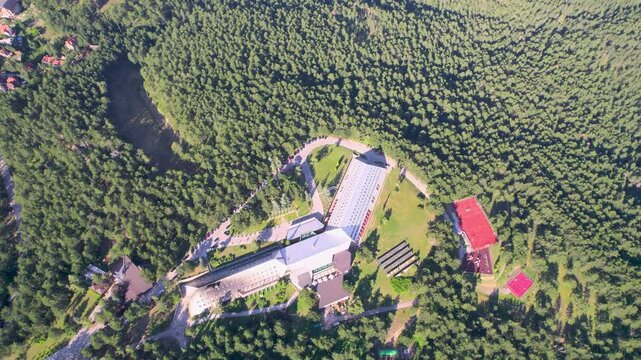 A near-vertical aerial drone view moves away from Hotel Omorika on Tara Mountain, shifting from the hotel roofs and lawns to a dense pattern of sunlit green treetops.
