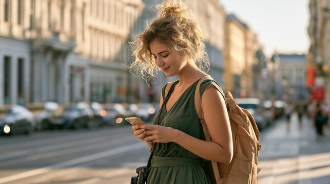 Young female traveler using smartphone while exploring city street with backpack and camera	