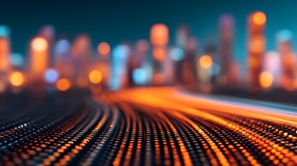 Fototapeta premium A futuristic cityscape with blurred lights and glowing roads, creating a dynamic and high-tech urban atmosphere at night.