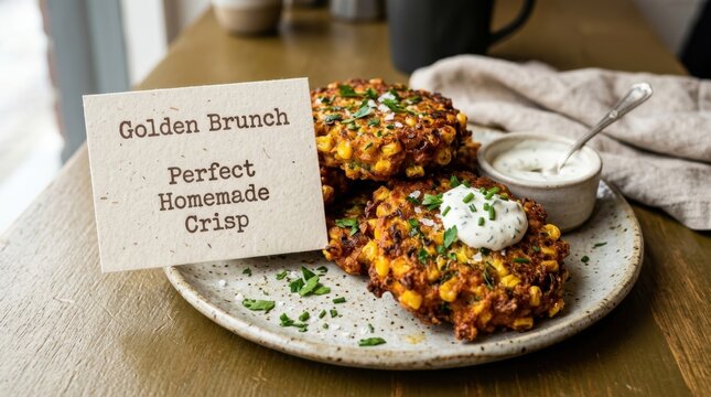 Golden brown corn fritters served on a ceramic plate with creamy dipping sauce and fresh herbs for a delicious homemade brunch meal at a rustic wooden table with a descriptive paper label card seen in