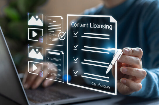 Businessman signing virtual content licensing agreement and digital rights management, AI copyright protection, stock photo video legal certification and intellectual property asset