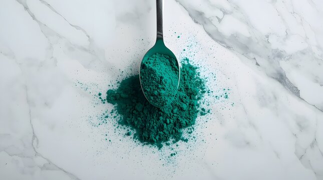 Vivid blue-green spirulina powder spilling from a spoon on a white marble background