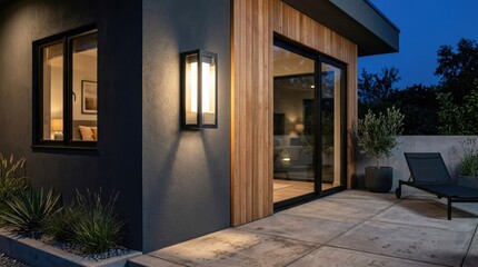 Fototapeta premium A modern, minimalist house with large glass doors and a wooden exterior, illuminated by a warm, ambient light, with a serene, tranquil setting in the background.