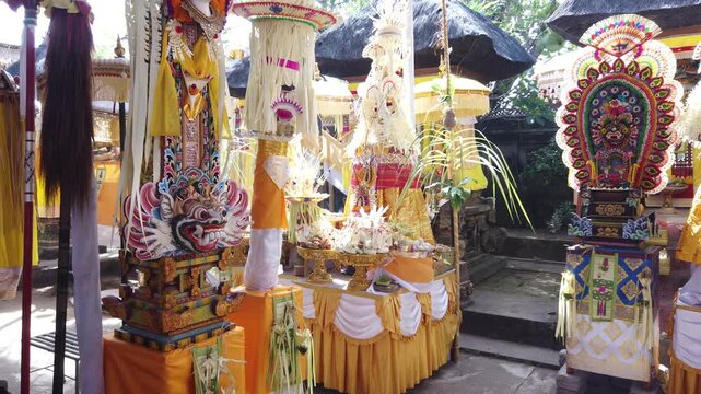 Handheld Panning View Balinese Temple Offerings Barong Masks Bali Indonesia