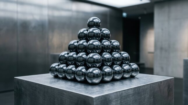 Polished hematite spheres stacked in a geometric pyramid arrangement on a dark metallic surface