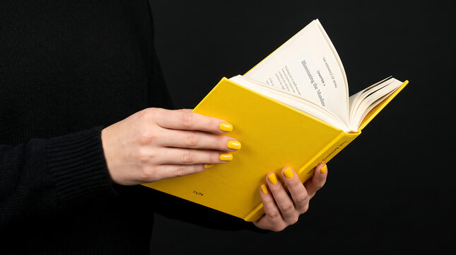 Hands holding an open yellow book with illuminated pages against a dark background reading concept and knowledge exploration