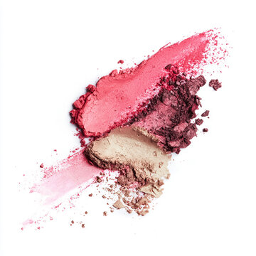 Eyeshadow and blush powders smudged into vibrant pink, maroon and beige textures with shimmer on white background, close up studio flat lay