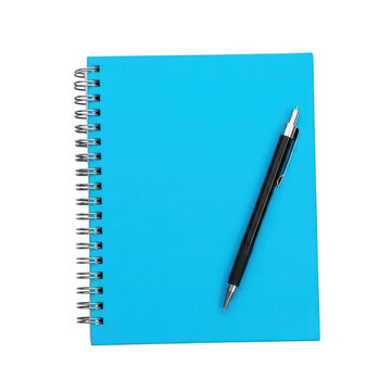 Bright blue spiral notebook with a black pen isolated on white background isolated on transparent background