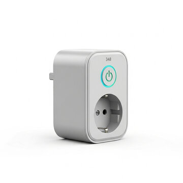 Modern smart power plug adapter with glowing illuminated power button and european schuko socket isolated on white background