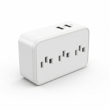 White multi plug adapter with usb charging ports and wall outlet extender, power tap splitter isolated on white background