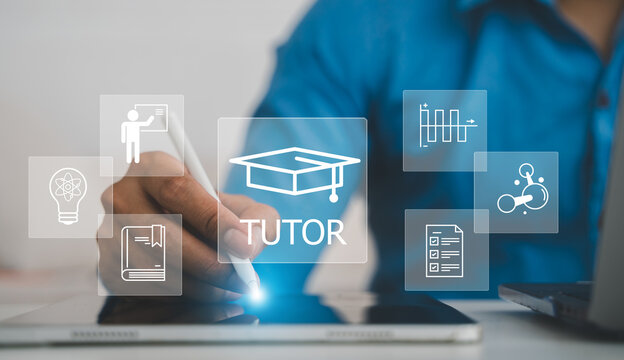 Online tutoring, tutor, e-learning platform on laptop with virtual icons. Student learning webinar, remote study and digital education courses, Distance knowledge training and smart school concept