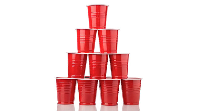 Pyramid stack of bright red plastic cups party celebration game isolated on transparent background