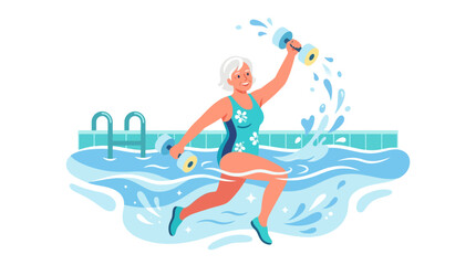 Fototapeta premium Happy senior woman doing water aerobics exercise with aqua dumbbells in swimming pool flat vector illustration