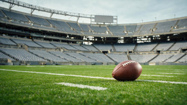 poster about the start of the college football season, a ball lying on the field against the backdrop of an empty stadium, with copy space for text about the start of the National League season