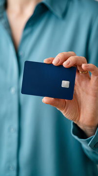 Close-up of a hand holding a dark blue credit card, representing financial transaction and payment, with free space for text.