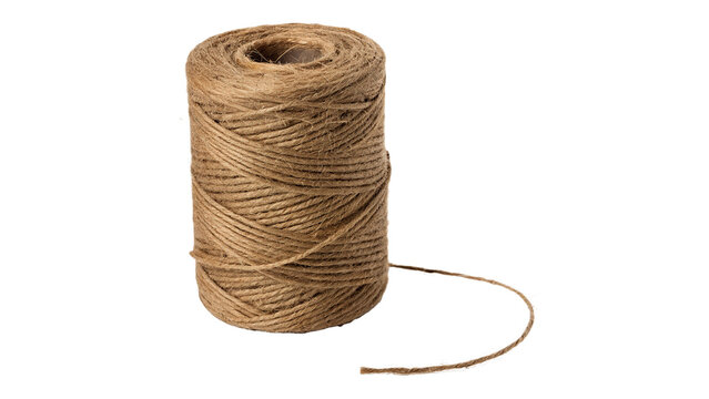 Skein of natural brown jute twine cord rustic string spool isolated on transparent background