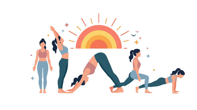 Active woman performing sun salutation yoga sequence for mindfulness and health flat vector element.