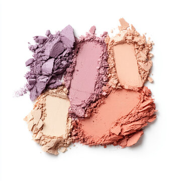 Crushed cosmetic powder eyeshadows displaying different pastel colors on a white background, representing makeup texture