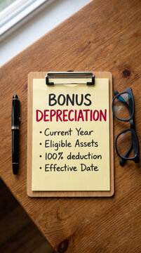 Clipboard with yellow paper listing bonus depreciation details, symbolizing financial strategy and business planning.