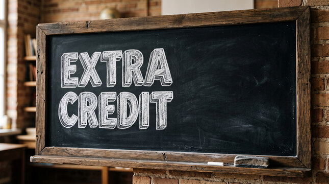 Chalkboard with "EXTRA CREDIT" written in 3D letters, representing opportunity and academic achievement in a rustic setting