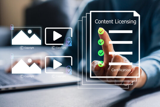 Businessman signing virtual content licensing agreement and digital rights management, AI copyright protection, stock photo video legal certification and intellectual property asset