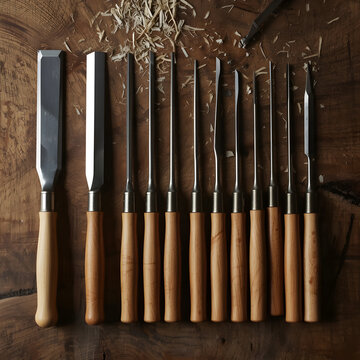 Set of professional woodworking chisels with wooden handles on rustic timber table.