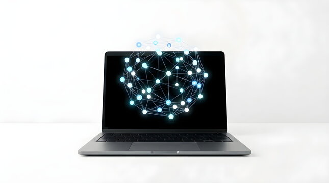 Laptop computer with glowing artificial intelligence network and connected digital nodes