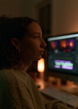 Young woman sitting in front of a computer monitor in a dimly lit room. she is wearing a beige sweater and has her hair pulled back in a ponytail.