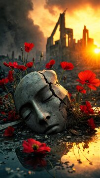 Cracked stone head sculpture surrounded by blooming red poppies in ruins of war. Remembrance concept for victims of fascism. Symbol of peace and hope after destruction of historic conflict.