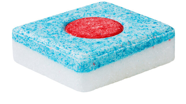 Dishwasher detergent tablet with blue and white layers and red center