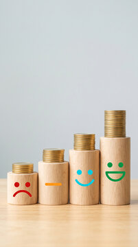 Four wooden cylinders with stacks of coins, each adorned with a different smiley face, symbolizing customer satisfaction levels.