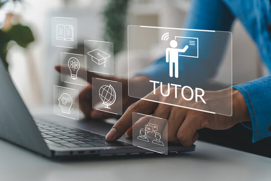 Online tutoring, tutor, e-learning platform on laptop with virtual icons. Student learning webinar, remote study and digital education courses, Distance knowledge training and smart school concept