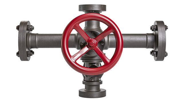 Industrial pipe valve with red handwheel and flanges