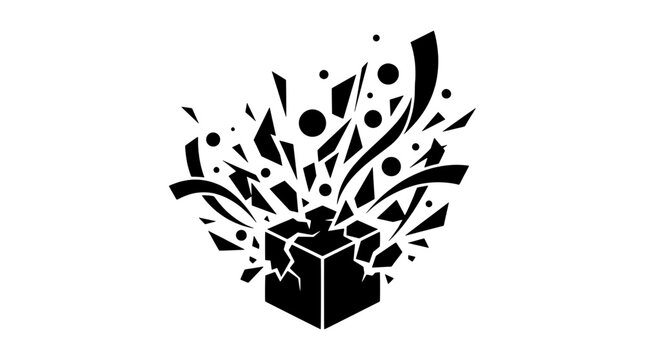 Minimalist exploding cube vector illustration set. Dynamic black shards, fragments, debris, and geometric particles bursting from a breaking square box perfect for motion graphics and print.