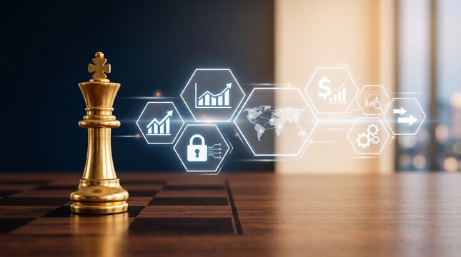 Golden chess king piece on a chessboard with glowing hexagonal icons representing business strategy, data, and global connections, symbolizing leadership, growth, and digital security