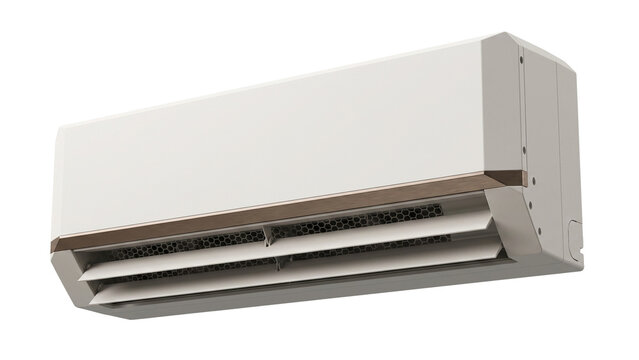 Modern white split air conditioner with metallic trim, front vent and layered louvers on a clean white background png 