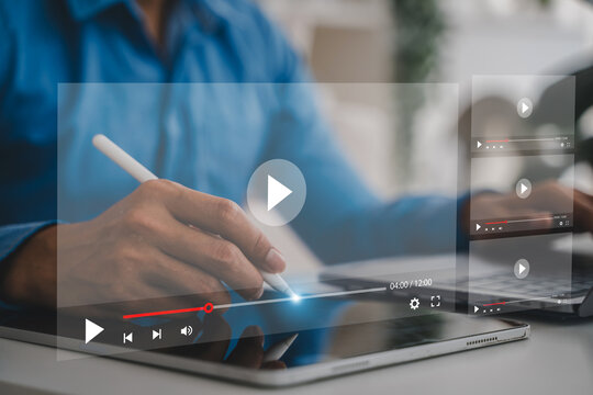 Modern concept live streaming and video content creation, business use technology laptop with multiple video play and live stream, digital media and online communication, social media marketing
