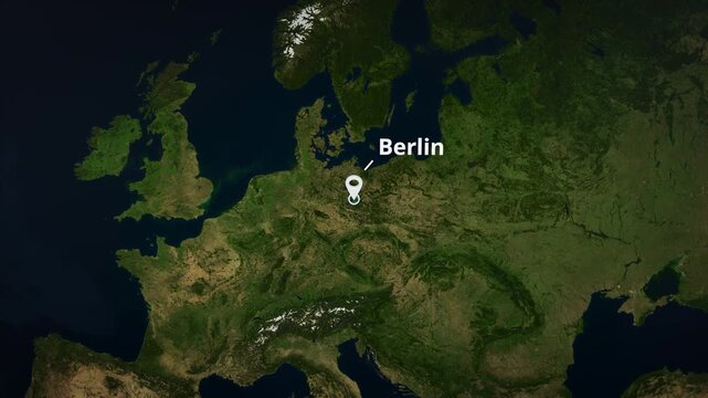 Earth globe zoom animation to Berlin, Germany with location pin and map highlight.